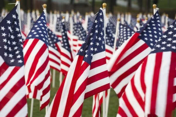 A close-up of American flags displayed on a field