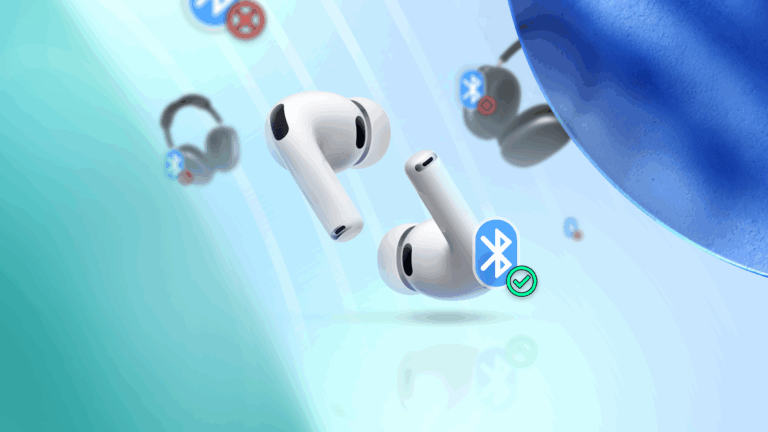 airpods-pro-floating-in-the-foreground-with-a-bluetooth-icon-and-green-checkmark-while-other-bluetooth-headphones-in-the-background-display-blocked-bluetooth-symbols